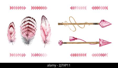 Acquerello impostato con frecce e piume. Raccolta di elementi boho per frecce di costruzione. Illustrazione dipinta a mano in stile tribale rosa per la stampa Foto Stock