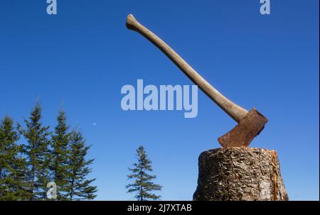 Vecchio ascia arrugginita bloccato nel ceppo di ceppo di trito Foto Stock