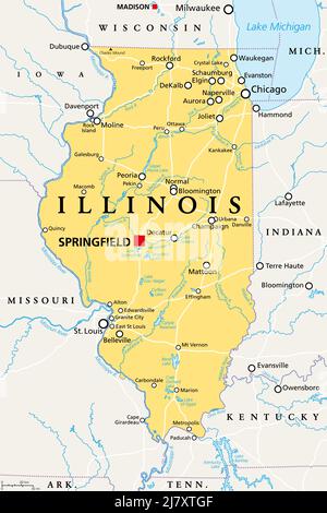 Illinois, il, mappa politica, con la capitale Springfield e l'area metropolitana Chicago. Stato nella regione Midwest degli Stati Uniti. Terra di Lincoln. Foto Stock