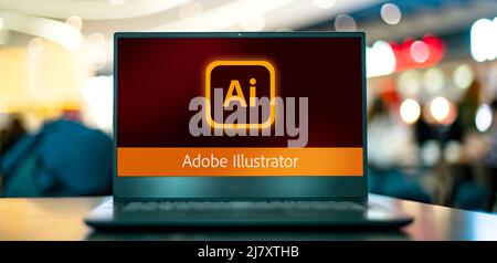 POZNAN, POL - JAN 16, 2022: Computer portatile che visualizza il logo di Adobe Illustrator, un editor di grafica vettoriale sviluppato e commercializzato da Adobe Inc Foto Stock