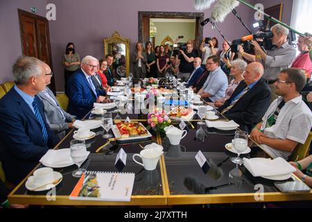 Quedlinburg, Germania. 11th maggio 2022. Il presidente federale Frank-Walter Steinmeier (3VL) dà il benvenuto ai suoi ospiti alla 'Tavola del caffè controversa'. Il secondo giorno della visita del Capo di Stato a Quedlinburg è caratterizzato da scambi e discussioni. Le persone della società civile e delle imprese sono state invitate alla "Tavola del caffè controversa”. Qui dovrebbe andare tra le altre cose intorno a temi locali, la pandemia di Corona e le conseguenze della guerra Ucraina. In seguito, il Presidente federale prevede di visitare la Galleria Lyonel Feininger. Credit: Klaus-Dietmar Gabbert/dpa/Alamy Live News Foto Stock