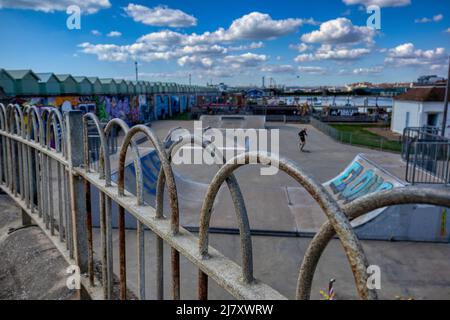 Lo skate Park presso il Big Beach Cafe di proprietà di Fat Boy Slim (Norman Cook) sul lungomare di Hove con le capanne sulla spiaggia e le opere d'arte di strada Foto Stock