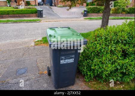 Bidoni verdi in strada residenziale pronti per la raccolta. Foto Stock