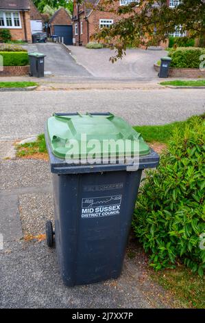 Bidoni verdi in strada residenziale pronti per la raccolta. Foto Stock