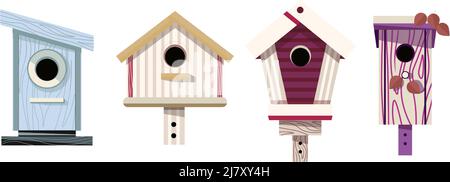 Alimentatore di uccelli in legno o plastica per uccelli in inverno, cura della fauna selvatica e conservazione della natura. Tipi di birdhouse e varietà. Scatole fatte a mano con foro, o Illustrazione Vettoriale