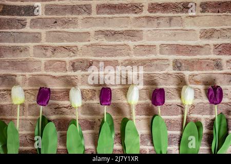 Bei tulipani su sfondo muro di mattoni, grazioso biglietto di auguri con tulipani per il giorno delle madri, matrimonio o felice evento concetti. Spazio di copia per il testo. Foto Stock