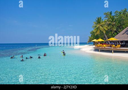 Beach bar in un resort turistico delle maldive, isola con palme, spiaggia e laguna, Maldive, Oceano Indiano, Asia Foto Stock