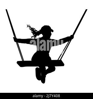 Silhouette di ragazza su corda swing isolato su sfondo bianco. Bambino che si diverte a swing outdoor.Happy, spensierato e allegro concetto di infanzia.Vector Illustrazione Vettoriale