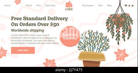 Consegna gratuita standard su ordini da negozio di fiori. Impianti con spedizione in tutto il mondo e il miglior servizio per i clienti fedeli. Modello di pagina di destinazione del sito Web, Illustrazione Vettoriale