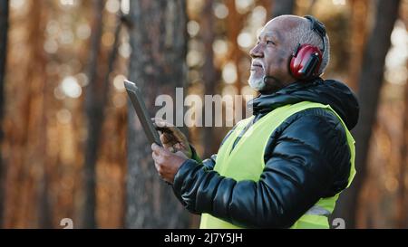 Anziano ingegnere di selvicoltura afro-americano in cuffie noiseisoling in foresta vecchio foreman maturo forester pensa sopra il piano di lavoro per tagliare gli alberi Foto Stock