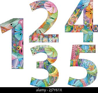 Design artistico dipinto a mano. Illustrazione disegnata a mano per la decorazione. Numero uno, due, tre, quattro, cinque oggetti zentangle. Illustrazione Vettoriale