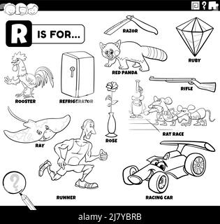 Illustrazione di cartoni animati didattici in bianco e nero per bambini con caratteri fumetti e oggetti impostati per la pagina di libro da colorare lettera R. Illustrazione Vettoriale