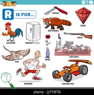 Illustrazione di fumetti didattici per bambini con personaggi fumetti e oggetti impostati per la lettera R. Illustrazione Vettoriale