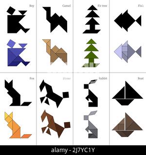 Schemi di gioco di puzzle tangram con diversi oggetti Illustrazione Vettoriale