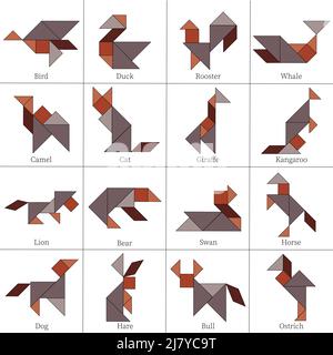 Schemi di gioco di puzzle tangram con diversi animali Illustrazione Vettoriale