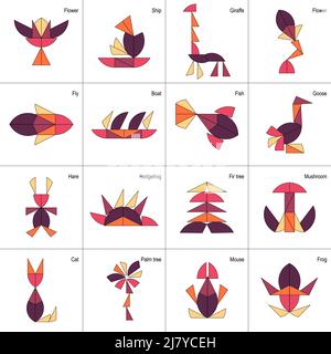 Tangram. 16 schemi con animali e oggetti. Illustrazione Vettoriale