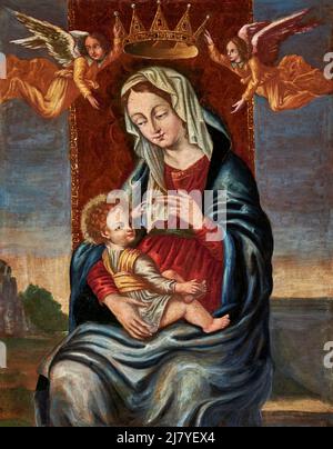 Madonna col Bambino in trono incoronata dagli angeli . olio su tela - pittore bergamasco del XVI secolo - Albino (BG),Italia, chiesa di S. Bartolomeo Foto Stock