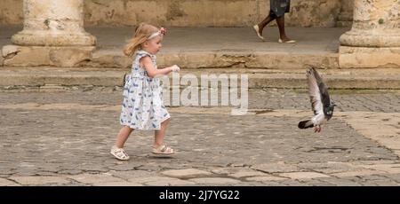 La giovane ragazza insegue i piccioni a l'Avana Foto Stock