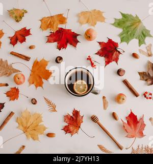 tazza di tè al limone in cornice di foglie rosse e arancioni. Modello autunnale creativo, cartolina. spazio di copia, vista dall'alto. Foto Stock