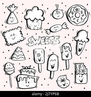 Set di varie illustrazioni dolci scarabocchi. Vettoriale disegni a mano semplici dolci e caramelle con volti sorridenti carini. Illustrazione Vettoriale