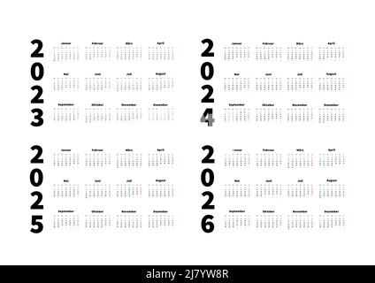 2023, 2024, 2025, 2026 anni semplici calendari orizzontali in lingua tedesca, calendari tipografici in bianco Illustrazione Vettoriale