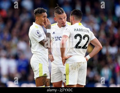Raphinha, Kalvin Phillips e Jack Harrison del Leeds United durante la partita della Premier League a Elland Road, Leeds. Data foto: Mercoledì 11 maggio 2022. Foto Stock