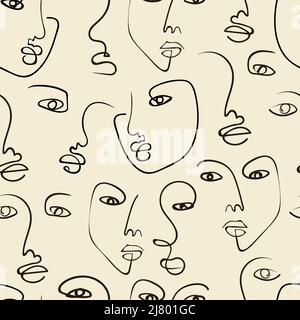 Linea continua, disegno di facce ripetizione senza giunture Illustrazione Vettoriale