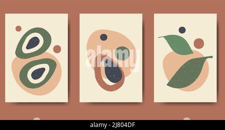 Set di tre illustrazioni estetiche astratte minimaliste con avocado Illustrazione Vettoriale