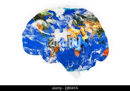 Mappa di texture Globe terra dipinta sul cervello da puzzle. Ricerca scientifica ed educazione nel mondo, 3D rendering Foto Stock