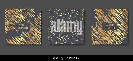 Moderno set di cover con spazzola in oro splash su sfondo nero Illustrazione Vettoriale