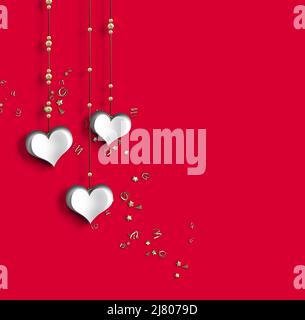 White paper Hearts, biglietto giornaliero di San Valentino su sfondo rosso. Amore invito carta design. Foto Stock