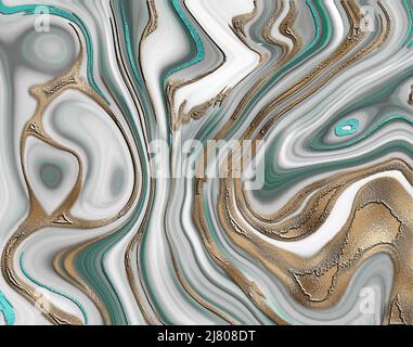 Agata di marmo liquido, granito grigio bianco e turchese marmo grigio astratto, vene dorate, tecnica kintsugi, tessuto di pietra fluida astratta, superficie marmorizzata, marmorizzatura digitale. Illustrazione Foto Stock