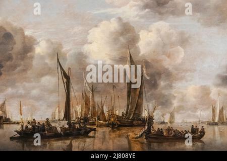 Dipinto intitolato 'Una scena di spedizione con un Duutch Yacht sparando un saluto' dell'artista olandese Jan van de Cappelle datato 1650 Foto Stock