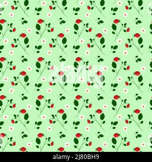 Modello senza cuciture con fragole e fiori da giardino. Illustrazione vettoriale. Illustrazione Vettoriale