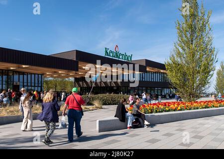 I turisti si riuniscono all'ingresso dei giardini Keukenhof a Lisse, nei Paesi Bassi, in primavera, con tulipani colorati e cieli azzurri Foto Stock