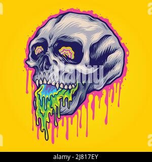 Spaventoso disegno vettoriale del cranio in pietra colorata per il vostro logo di lavoro, t-shirt di merchandising, adesivi e disegni di etichetta, poster, biglietti d'auguri Illustrazione Vettoriale