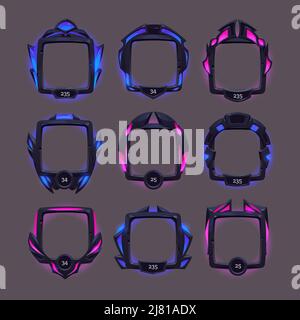 Montature futuristiche di bordo nero in metallo per avatar in interfaccia di gioco con livello o grado. Cartoon vettoriale Set di elementi gui in stile fantascienza, cornici vuote con luce blu e rosa Illustrazione Vettoriale