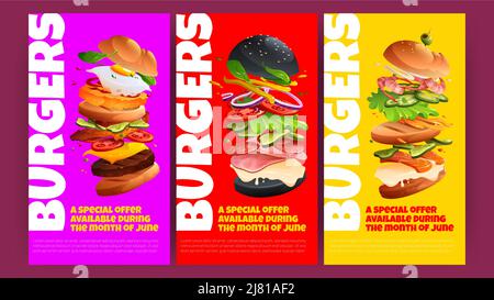 Poster dell'offerta speciale Burger. Volantini scontati per il ristorante fast food. Striscioni verticali vettoriali con cartoni animati raffiguranti hamburger volanti con panini, formaggio, tortino alla griglia, pomodoro e uova Illustrazione Vettoriale