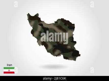mappa iran con modello camouflage, Foresta - texture verde nella mappa. Concetto militare per esercito, soldato e guerra. Stemma, bandiera. Illustrazione Vettoriale