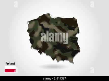 Mappa Polonia con motivo camouflage, Foresta - texture verde nella mappa. Concetto militare per esercito, soldato e guerra. Stemma, bandiera. Illustrazione Vettoriale