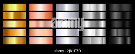 Oro, argento, acciaio, oro rosa e nero metallico gradiente di fondo set. Texture di gradazione metalliche. Elegante e brillante collezione di gradienti vettoriali Illustrazione Vettoriale