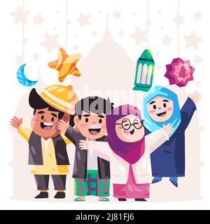 Bambini saluti Ramadhan felice IED mubarak in piedi sorriso illustrazione del gruppo insieme disegno a mano colorato Illustrazione Vettoriale