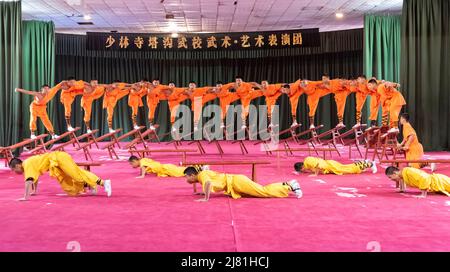 Gli apprendisti del famoso Tempio Shaolin a Dengfeng, Henan, Cina, svolgono le loro arti marziali e abilità acrobatiche. Foto Stock