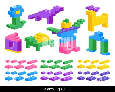 Giocattolo da costruzione in plastica. Cartoon costruzione blocchi puzzle gioco, preschool geometrico mattone giocattolo. Vettore bambini gioco pezzi isolato set Illustrazione Vettoriale