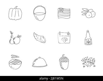 Thanksgiving Doodles isolato su bianco. Illustrazione Vettoriale