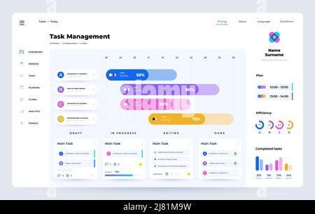 Pianifica app. Modello di interfaccia utente di Task Manager con timeline del progetto, ottimizzazione del tempo e interfaccia dashboard dell'applicazione Web di gestione delle attività. Disegno vettoriale Illustrazione Vettoriale