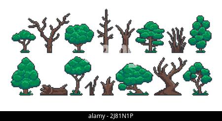 Trunk della struttura pixel. Retro 8 bit video gioco di sprite asset, alberi verdi vecchio ceppo asciutto tronco e log gioco interfaccia oggetti. Set isolato vettoriale Illustrazione Vettoriale