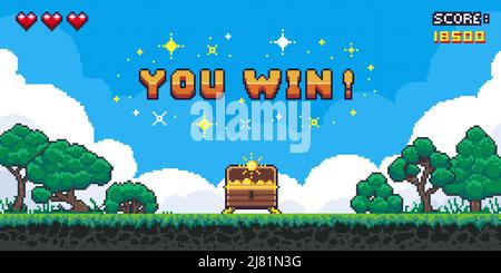 Schermata di vincita del gioco pixel. Retro 8 bit interfaccia di gioco video con voi Win testo, gioco di computer livello di sfondo. Illustrazione grafica dei pixel vettoriali Illustrazione Vettoriale