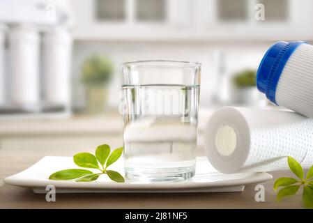 Bicchiere di acqua depurata con attrezzatura domestica e filtri su tavolo e cucina in background con attrezzatura per osmosi. Vista frontale. Co. Orizzontale Foto Stock