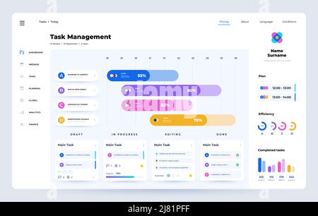 Pianifica app. Modello di interfaccia utente di Task Manager con timeline del progetto, ottimizzazione del tempo e interfaccia dashboard dell'applicazione Web di gestione delle attività. Disegno vettoriale Illustrazione Vettoriale